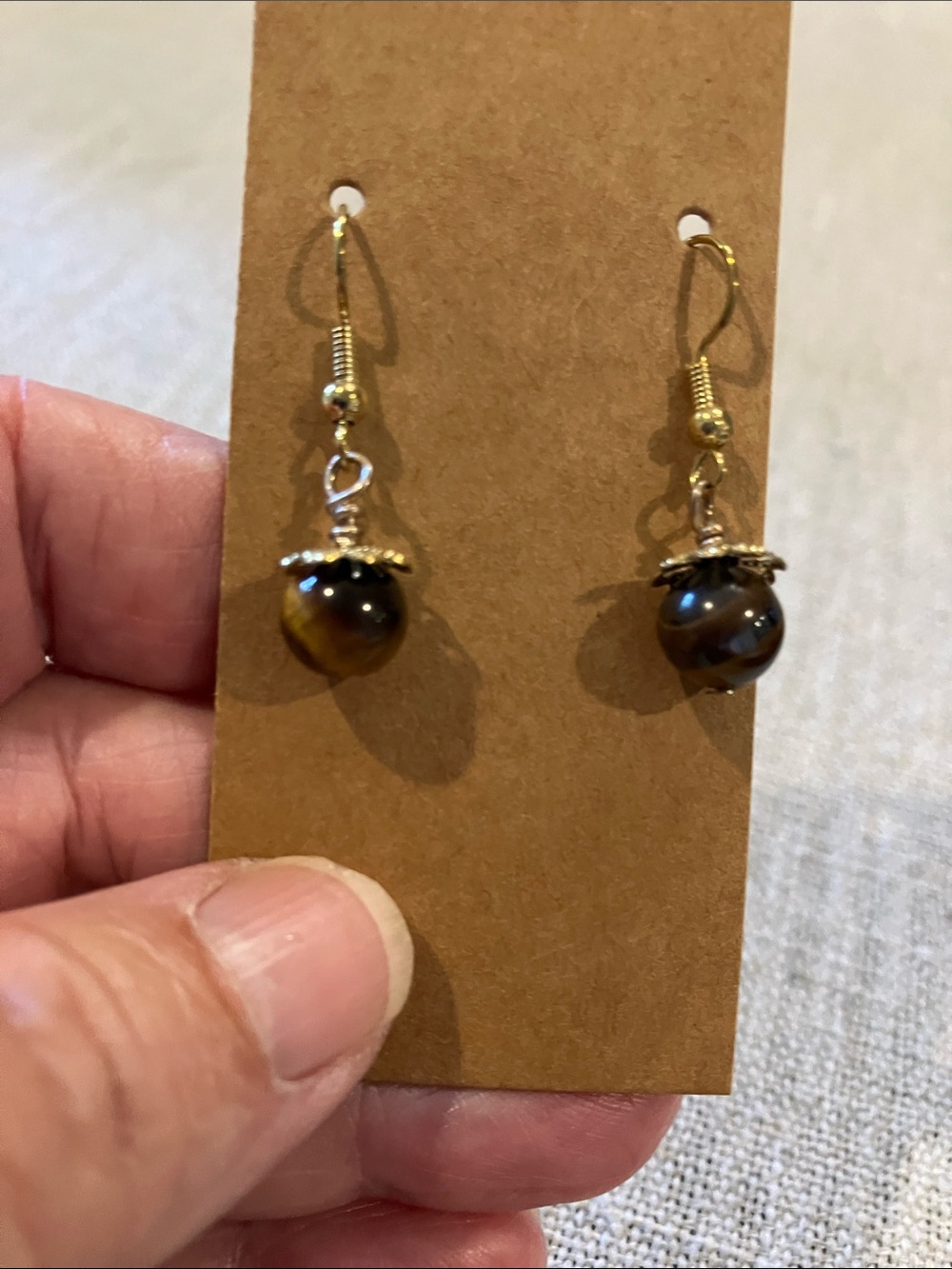 Hand Crafted Brown Tiger Eye Drop Earrings with Gold Accents